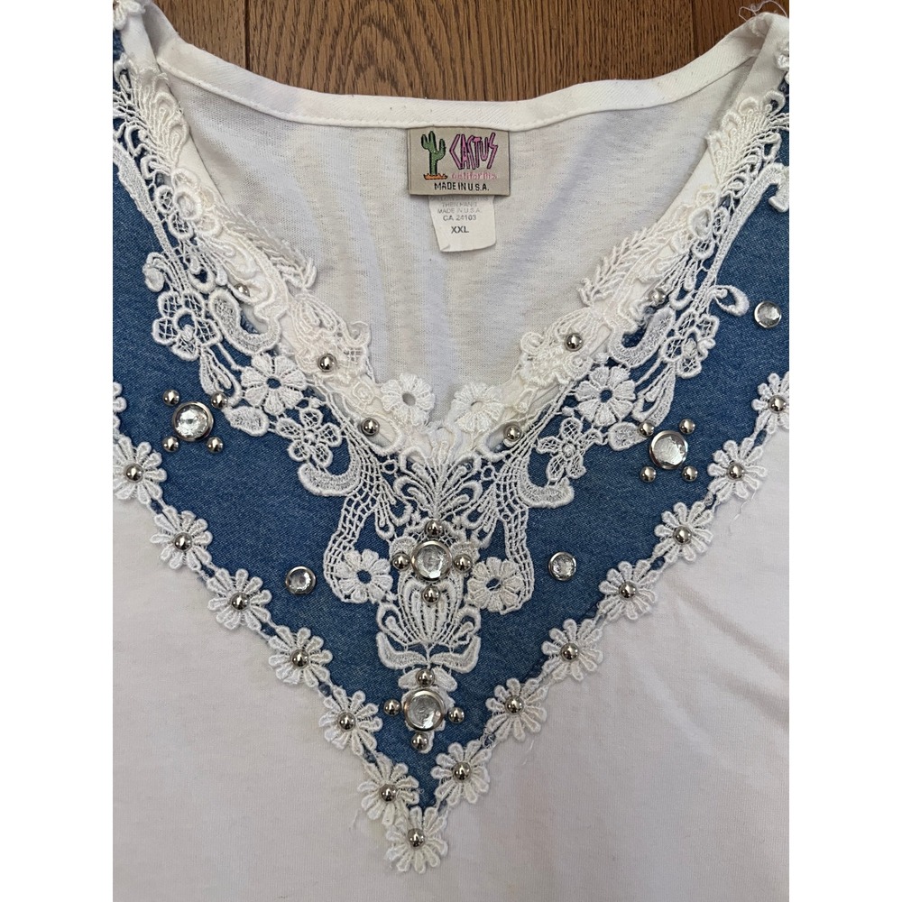 Cactus California Denim Lace Gem Shirt Womens XXL White Vintage 90s Western USA